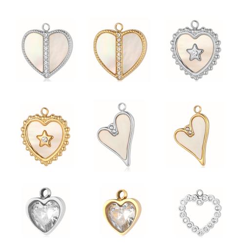 Stainless Steel Heart Pendants 304 Stainless Steel with Shell & Crystal Vacuum Ion Plating DIY & with rhinestone Sold By PC