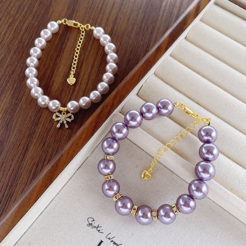 Glass Beads Bracelet Brass with Cubic Zirconia & Glass Pearl Vacuum Ion Plating for woman Sold By PC