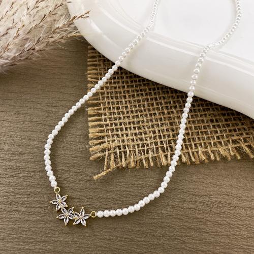 Cubic Zircon Micro Pave Brass Necklace with Cubic Zirconia & Plastic Pearl Vacuum Ion Plating for woman Length 42.5 cm Sold By PC