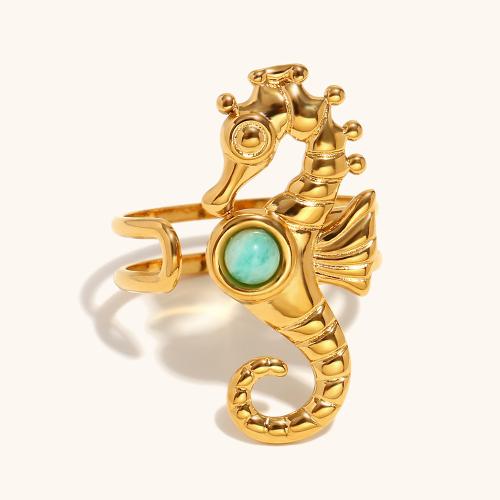 Natural Gemstone Finger Ring 304 Stainless Steel with Natural Stone Seahorse gold color plated & for woman Sold By PC