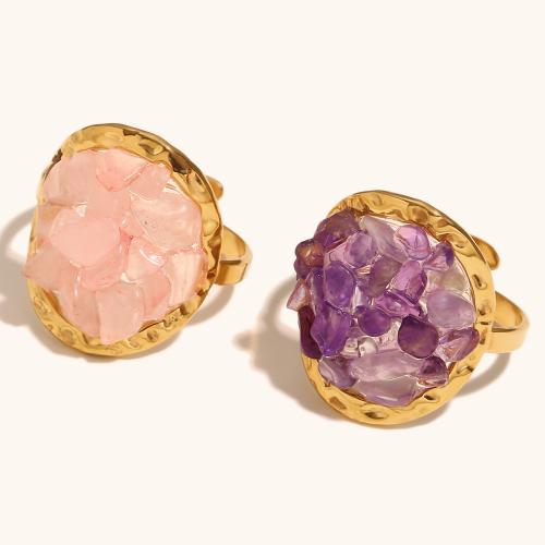 Gemstone Finger Ring, 304 roestvrij staal, met Edelsteen, gold plated, voor vrouw, meer kleuren voor de keuze, Verkocht door PC