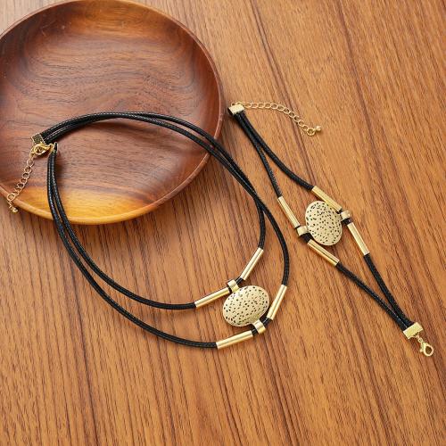 Brass Jewelry Set bracelet & necklace Copper Alloy with leather cord plated 2 pieces & Double Layer & for woman Sold By Set