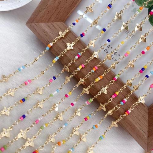 Decorative Beaded Chain Brass with Seedbead gold color plated DIY & micro pave cubic zirconia mixed colors nickel lead & cadmium free Sold By Bag