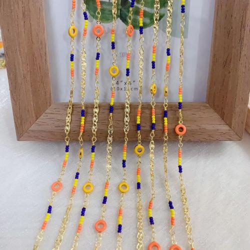 Decorative Beaded Chain Brass with Seedbead gold color plated DIY & enamel mixed colors nickel lead & cadmium free Sold By Bag