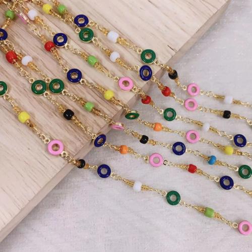 Decorative Beaded Chain Brass with Seedbead gold color plated DIY & enamel mixed colors nickel lead & cadmium free Sold By Bag