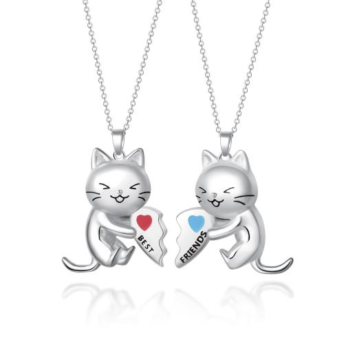 Zinc Alloy Puzzle Friendship Necklace Cat plated for woman & enamel Length Approx 16-20 Inch Sold By PC