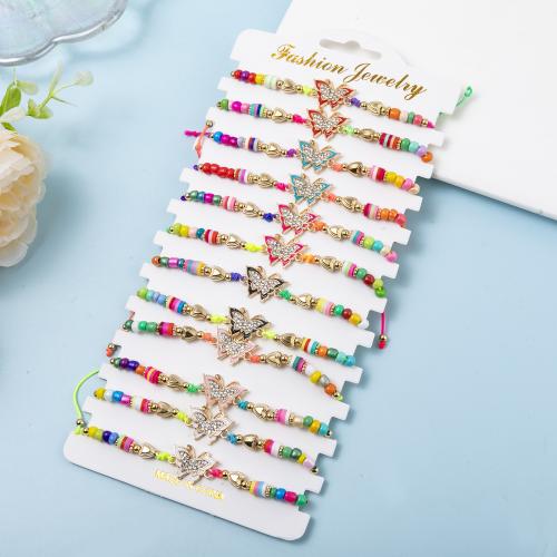 Fashion Bracelet & Bangle Jewelry Zinc Alloy with Knot Cord & Seedbead Butterfly plated Adjustable & for woman & enamel & with rhinestone mixed colors Length 28 cm Sold By Set