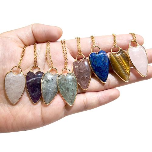 Natural Gemstone Necklace Natural Stone Heart gold color plated & for woman Sold By PC