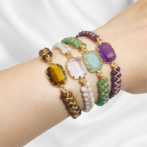 Pulseras de piedras preciosas, Piedra natural, con Cordón de nudo, Rectángular, chapado en color dorado, Ajustable & diferentes materiales para la opción & para mujer, más colores para la opción, Vendido por UD