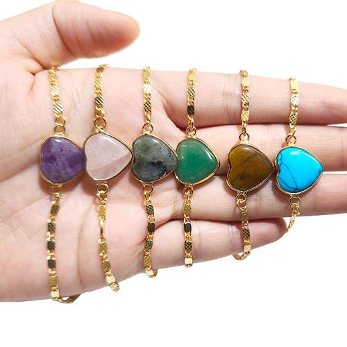 Pulseiras de pedras preciosas, Partículas de aço, with Pedra natural, Coração, cromado de cor dourada, Vario tipos a sua escolha & para mulher, Mais cores pare escolha, vendido por PC