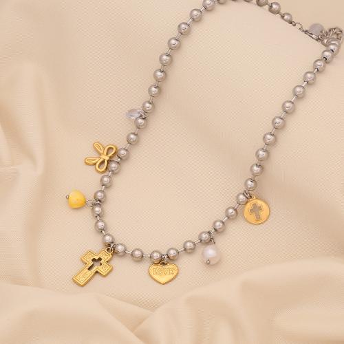 Stainless Steel Jewelry Necklace 304 Stainless Steel with Plastic Pearl plated & for woman & two tone Sold By PC