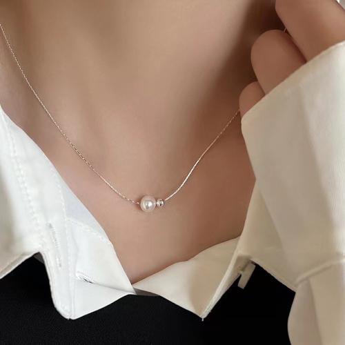 Stainless Steel Jewelry Necklace 304 Stainless Steel with Plastic Pearl Vacuum Ion Plating for woman Length 45 cm Sold By PC