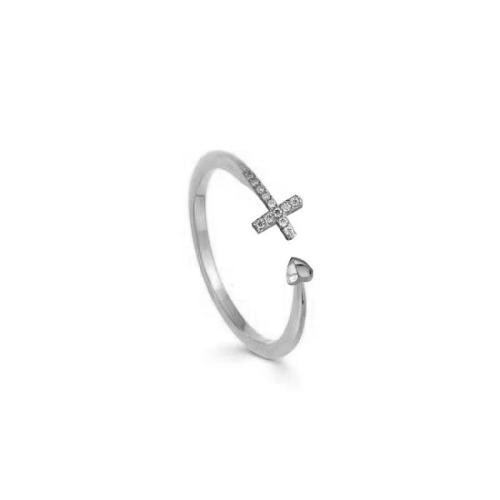 argent sterling 925 Cuff Bague, croix, Plaqué de platine, réglable & pour femme & avec strass, Taille:6-8, Vendu par PC