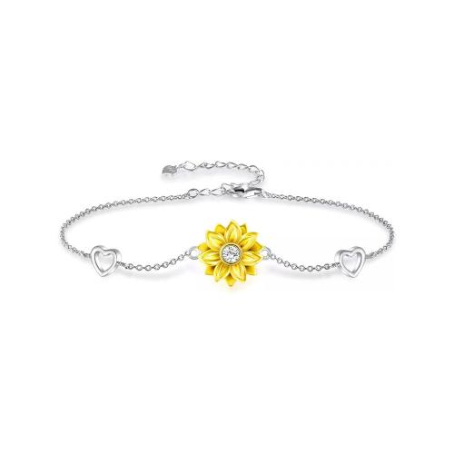 925 Sterling Silver Bracelet with 1.97inch extender chain Sunflower for woman & with rhinestone Length Approx 6.69 Inch Sold By PC