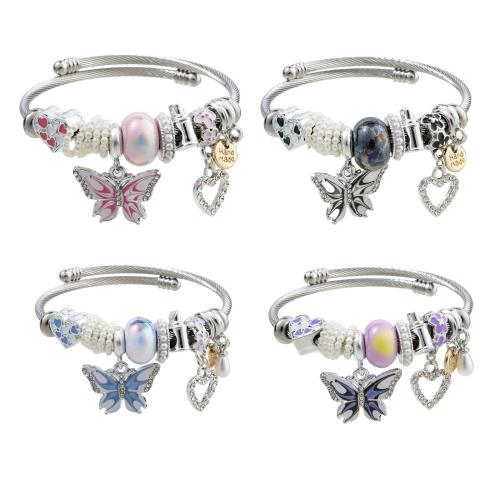 European Bracelet 304 Stainless Steel with Plastic Pearl & Zinc Alloy Butterfly plated Adjustable & fashion jewelry & for woman & enamel & with rhinestone diameter .5cm Sold By PC