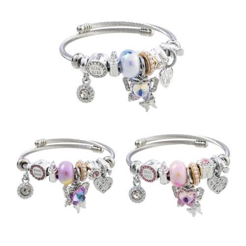 European Bracelet 304 Stainless Steel with Plastic Pearl & Zinc Alloy Butterfly plated Adjustable & fashion jewelry & for woman & enamel & with rhinestone diameter .5cm Sold By PC