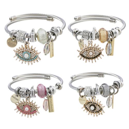 European armband, 304 roestvrij staal, met Plastic Pearl & Zinc Alloy, Boze oog, plated, Verstelbare & mode sieraden & voor vrouw & met strass, meer kleuren voor de keuze, diameter about:5.5cm, Verkocht door PC