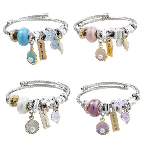 European Bracelet 304 Stainless Steel with Plastic Pearl & Zinc Alloy plated Adjustable & fashion jewelry & for woman & enamel & with rhinestone diameter .5cm Sold By PC