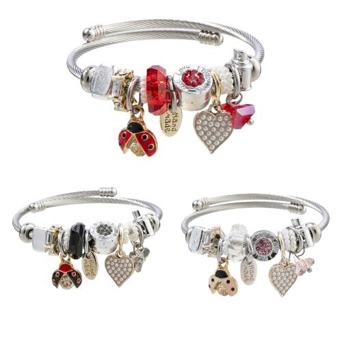 European Bracelet 304 Stainless Steel with Plastic Pearl & Zinc Alloy Ladybug plated Adjustable & fashion jewelry & for woman & with rhinestone diameter .5cm Sold By PC