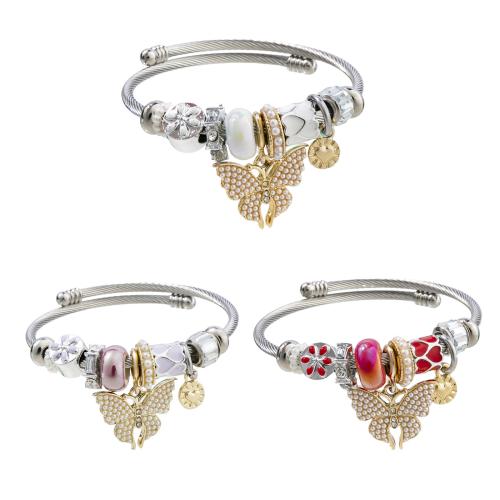 European Armbånd, 304 rustfrit stål, med Plastic Pearl & Zinc Alloy, Butterfly, forgyldt, Justerbar & mode smykker & for kvinde & med rhinestone, flere farver til valg, diameter about:5.5cm, Solgt af PC