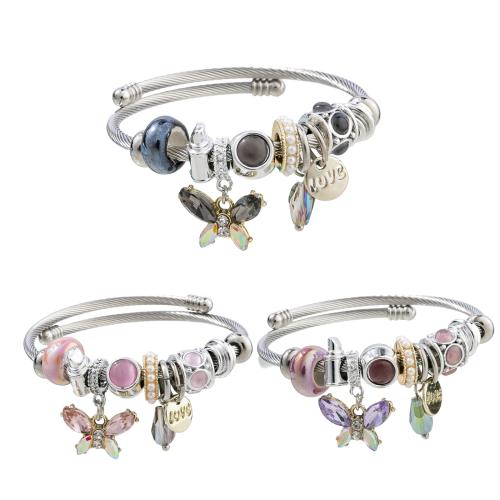 European Armbånd, 304 rustfrit stål, med Krystal & Plastic Pearl & Zinc Alloy, Butterfly, forgyldt, Justerbar & mode smykker & for kvinde & med rhinestone, flere farver til valg, diameter about:5.5cm, Solgt af PC