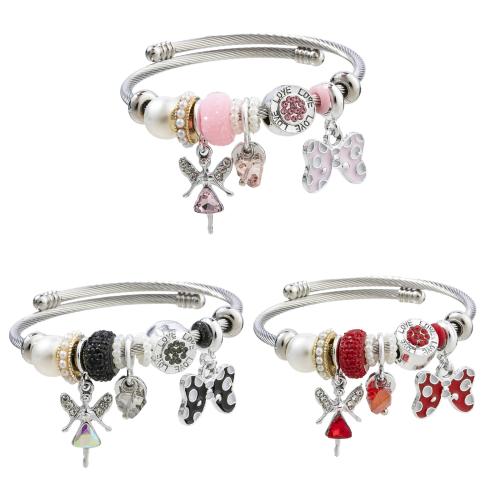 European Bracelet 304 Stainless Steel with Plastic Pearl & Zinc Alloy Angel plated Adjustable & fashion jewelry & for woman & enamel & with rhinestone diameter .5cm Sold By PC