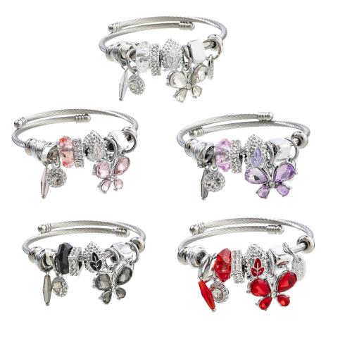 European Bracelet 304 Stainless Steel with Crystal & Zinc Alloy Butterfly silver color plated Adjustable & fashion jewelry & for woman & enamel & with rhinestone diameter .5cm Sold By PC