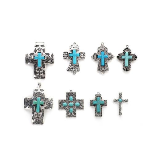 Turquoise siogairlín, Sinc Alloy, le turquoise, Cross, dath airgid antique plátáilte, DIY & méid éagsúla do rogha, dathanna níos mó le haghaidh rogha, nicil, luaidhe & caidmiam saor in aisce, Thart 100ríomhairí pearsanta/Mála, Díolta De réir Mála