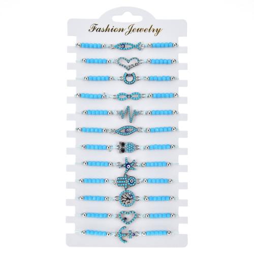 Pulseras de Moda, Cordón de nudo, con Cristal & aleación de zinc, hecho a mano, 12 piezas & Ajustable & Joyería & unisexo & esmalte, azul, longitud aproximado 28 cm, Vendido por UD