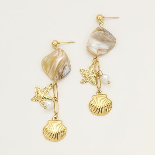 Stainless Steel Drop Earring 304 Stainless Steel with Shell Pearl & Shell plated fashion jewelry & for woman golden Sold By Pair