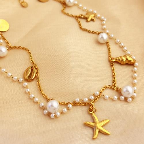 Stainless Steel Jewelry Necklace 304 Stainless Steel with Plastic Pearl 18K gold plated Double Layer & fashion jewelry & for woman Sold By PC