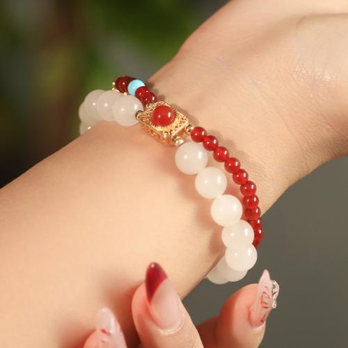 agate rouge bracelet, fait à la main, Double couche & naturel & pour femme, beads length 4mm,8mm, Longueur Environ 6 pouce, Vendu par PC