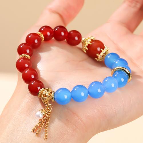 agate rouge bracelet, avec agate bleue & perle de plastique & laiton, Rond, fait à la main, naturel & unisexe, beads length 10mm,12mm, Longueur Environ 6-7 pouce, Vendu par PC