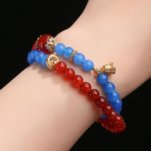 agate rouge bracelet, avec agate bleue & laiton, Rond, fait à la main, Double couche & naturel & unisexe, beads length 6mm,10mm, Longueur Environ 12-14 pouce, Vendu par PC