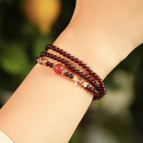 granate Pulsera, con Strawberry cuarzo & metal, hecho a mano, multicapa & natural & para mujer, Grado AAAAA, beads length 4mm, longitud aproximado 16-18 Inch, Vendido por UD