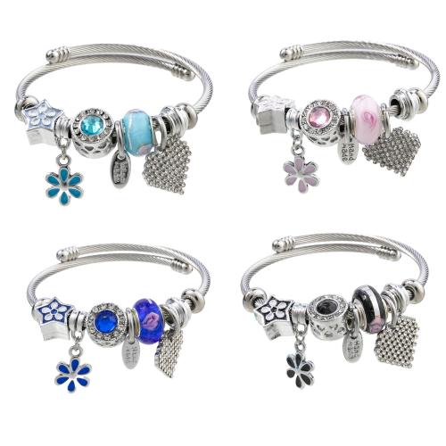 European Bracelet 304 Stainless Steel with Zinc Alloy Flower silver color plated Adjustable & fashion jewelry & for woman & with rhinestone diameter .5cm Sold By PC