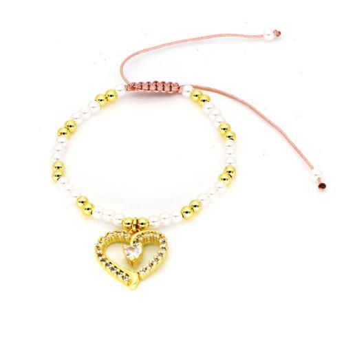 Cúbicos Circonia pulsera Latón Micro pavimenta, metal, con Cordón de nudo & Perlas plásticas, chapado en color dorado, Ajustable & Joyería & micro arcilla de zirconia cúbica & para mujer, más colores para la opción, libre de níquel, plomo & cadmio, longitud aproximado 28 cm, Vendido por UD