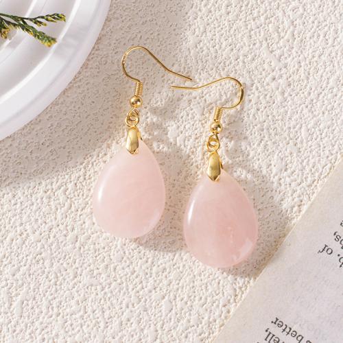 Natural Quartz Earrings Brass with Rose Quartz Teardrop plated for woman nickel lead & cadmium free 12mm Sold By Pair