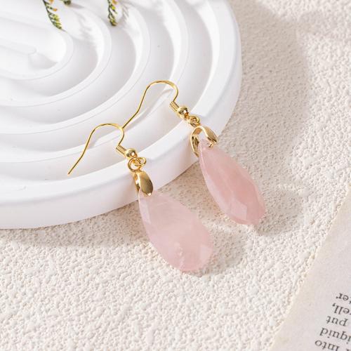 Natural Quartz Earrings Brass with Rose Quartz Teardrop plated for woman nickel lead & cadmium free 23mm Sold By Pair