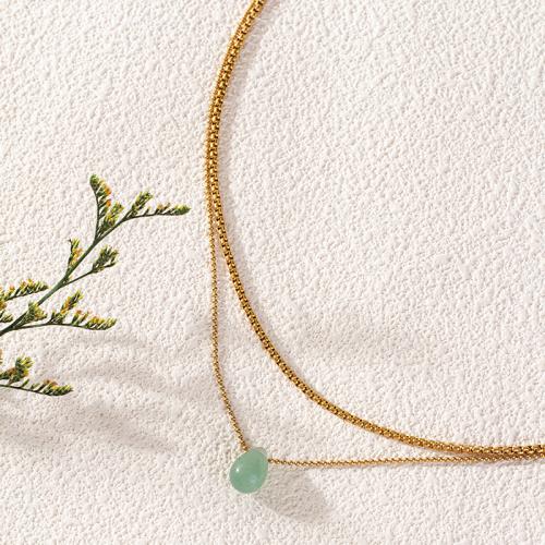 Quartz Necklace Brass with Strawberry Quartz Teardrop gold color plated for woman green nickel lead & cadmium free Length 46 cm Sold By PC