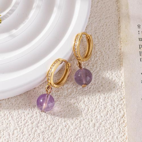 Natural Quartz Earrings Brass with Amethyst Round gold color plated micro pave cubic zirconia & for woman purple nickel lead & cadmium free 8mm Sold By Pair