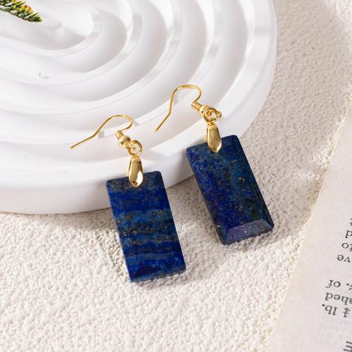 Natural Gemstone Earrings Brass with Lapis Lazuli Rectangle gold color plated for woman dark blue nickel lead & cadmium free 23mm Sold By Pair