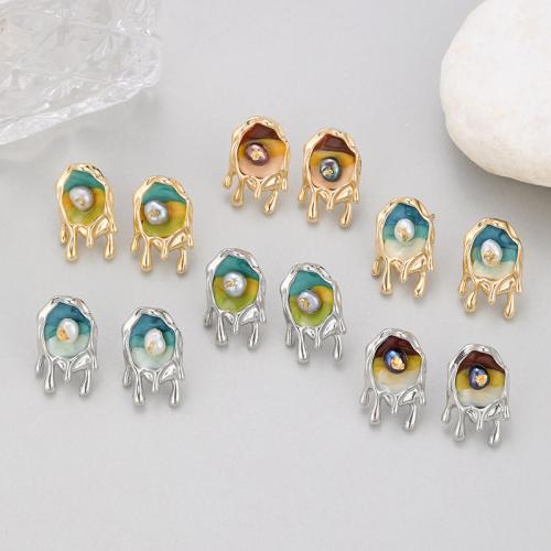 Brass Stud Earring with Plastic Pearl plated & for woman & enamel nickel lead & cadmium free Sold By Pair