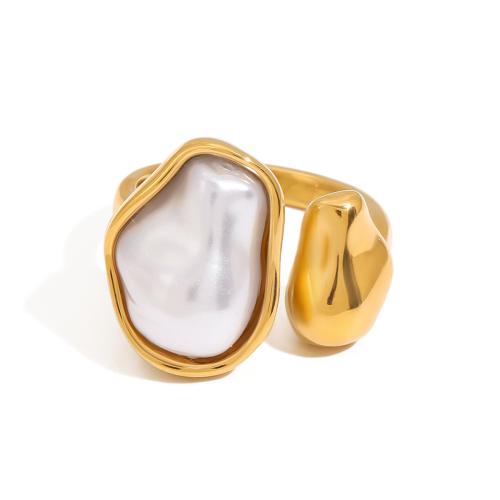 Vinger Ring in edelstaal, 304 roestvrij staal, met Plastic Pearl, plated, mode sieraden & voor vrouw, gouden, Verkocht door PC