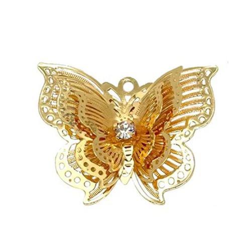 Rhinestone Brass Vedhæng, Messing, Butterfly, forgyldt, du kan DIY & med rhinestone, flere farver til valg, nikkel, bly & cadmium fri, 30x25mm, Hole:Ca. 2mm, 10pc'er/Bag, Solgt af Bag