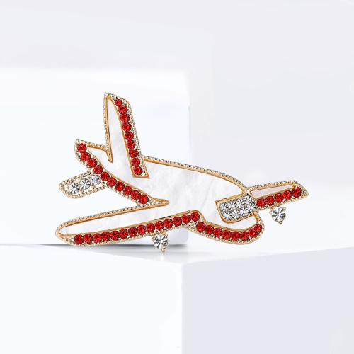 Rhinestone Brooch Zinc Alloy with Shell Airplane gold color plated for woman & with rhinestone red nickel lead & cadmium free Sold By PC