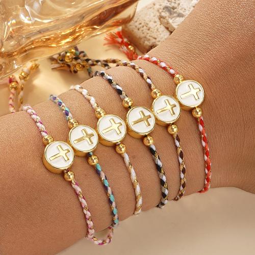 Zinc Alloy Bracelet Cotton Cord with Zinc Alloy Round gold color plated Adjustable & for woman Sold By PC