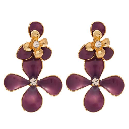 Boucles d'oreilles en alliage de zinc, fleur, Placage de couleur d'or, pour femme & émail & avec strass, violet, 64x38mm, Vendu par paire