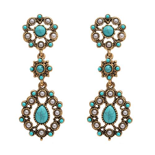 Boucles d'oreilles en alliage de zinc, avec turquoise synthétique & perle de plastique, Placage, bijoux de mode & pour femme & creux, 70x25mm, Vendu par paire