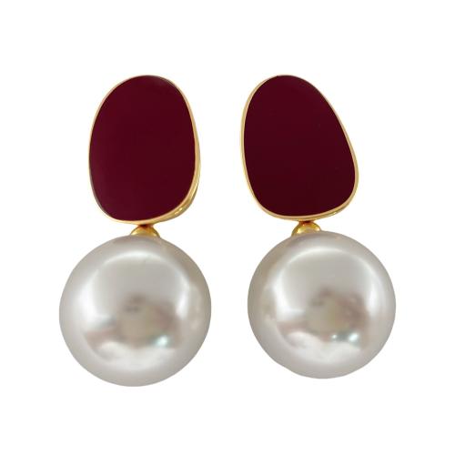 Resin Earring Brass with Resin & Plastic Pearl Vacuum Ion Plating for woman Sold By Pair